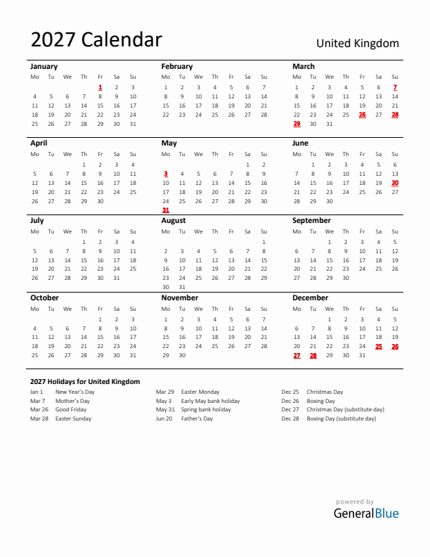 Standard Holiday Calendar for 2027 with United Kingdom Holidays 