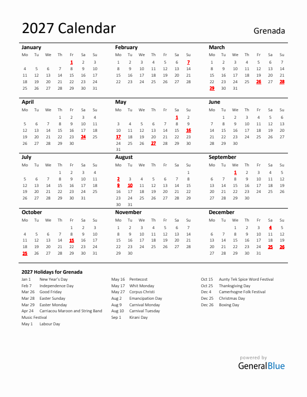 Standard Holiday Calendar for 2027 with Grenada Holidays 