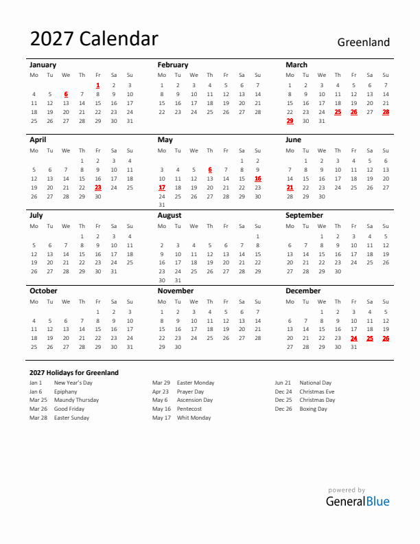 Standard Holiday Calendar for 2027 with Greenland Holidays 