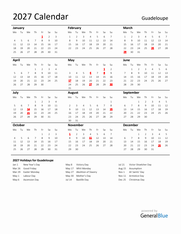 Standard Holiday Calendar for 2027 with Guadeloupe Holidays 
