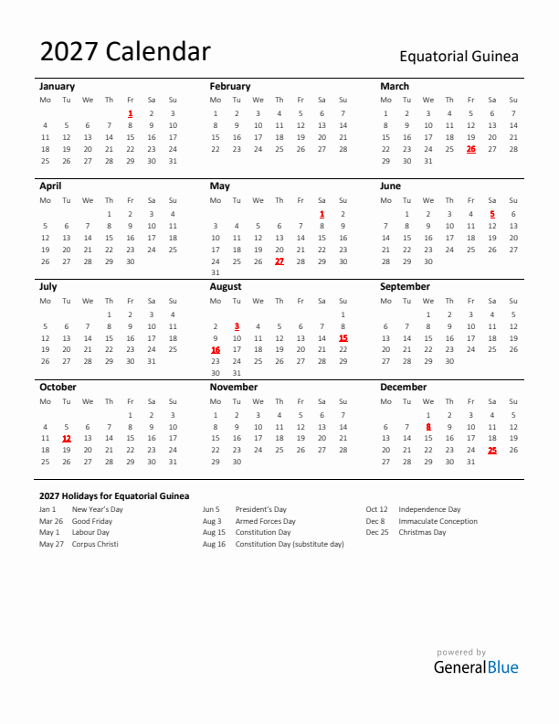 Standard Holiday Calendar for 2027 with Equatorial Guinea Holidays 
