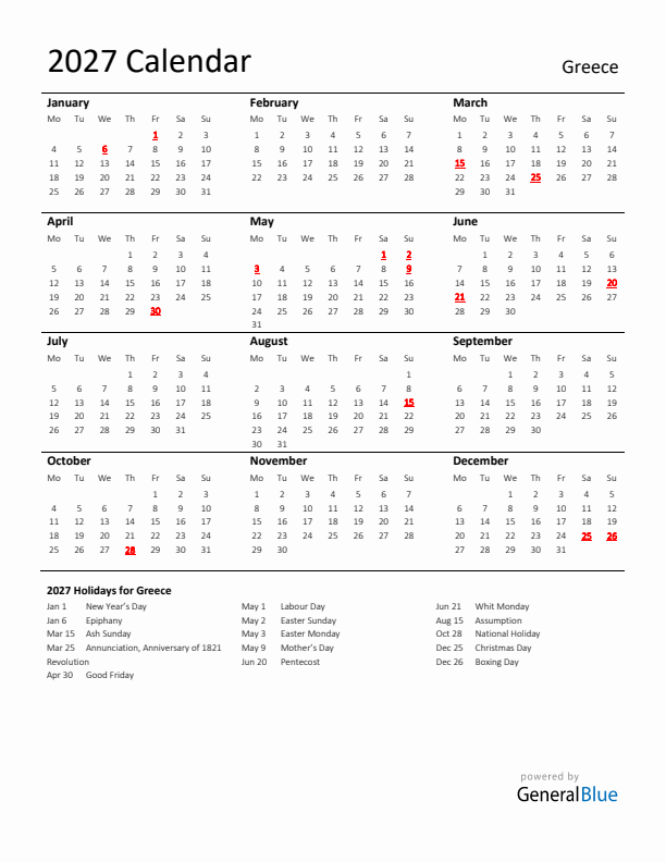 Standard Holiday Calendar for 2027 with Greece Holidays 