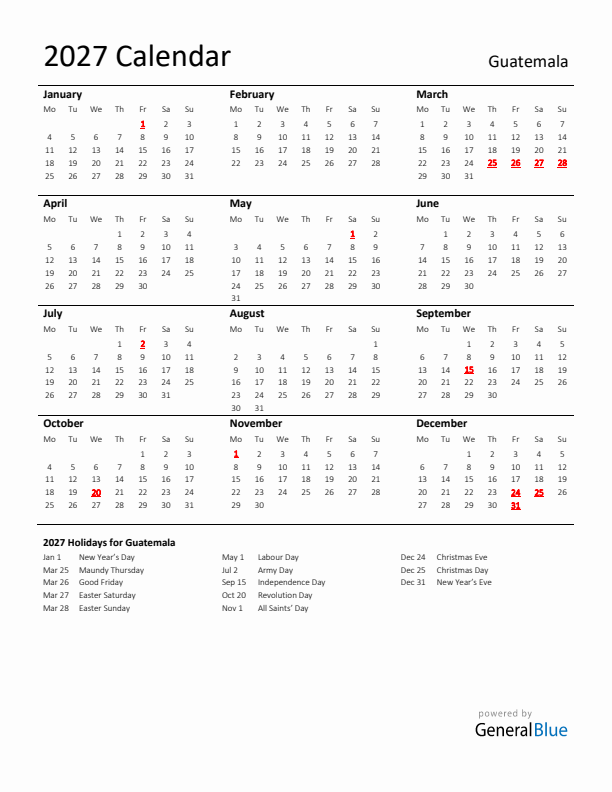 Standard Holiday Calendar for 2027 with Guatemala Holidays 