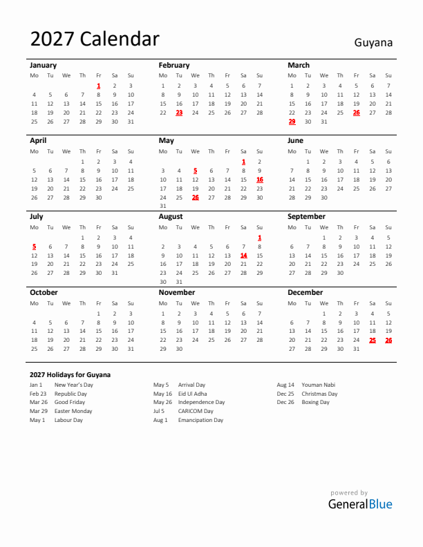 Standard Holiday Calendar for 2027 with Guyana Holidays 