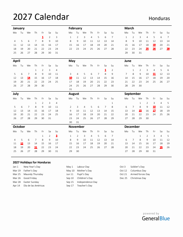 Standard Holiday Calendar for 2027 with Honduras Holidays 