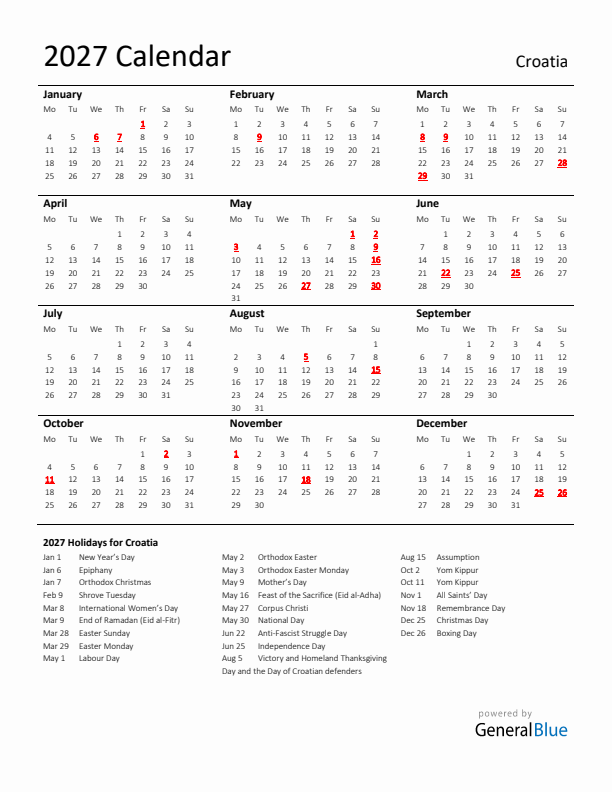 Standard Holiday Calendar for 2027 with Croatia Holidays 