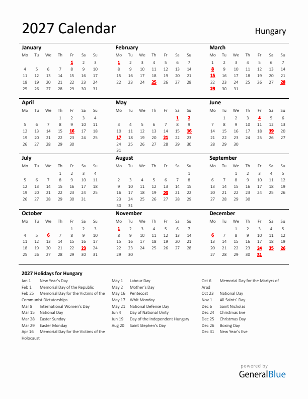 Standard Holiday Calendar for 2027 with Hungary Holidays 