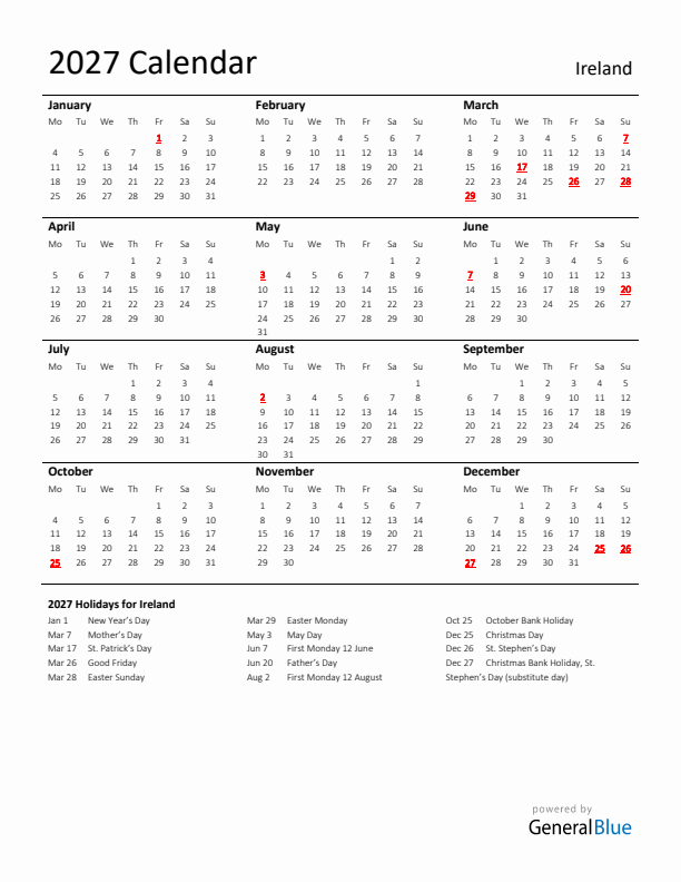 Standard Holiday Calendar for 2027 with Ireland Holidays 