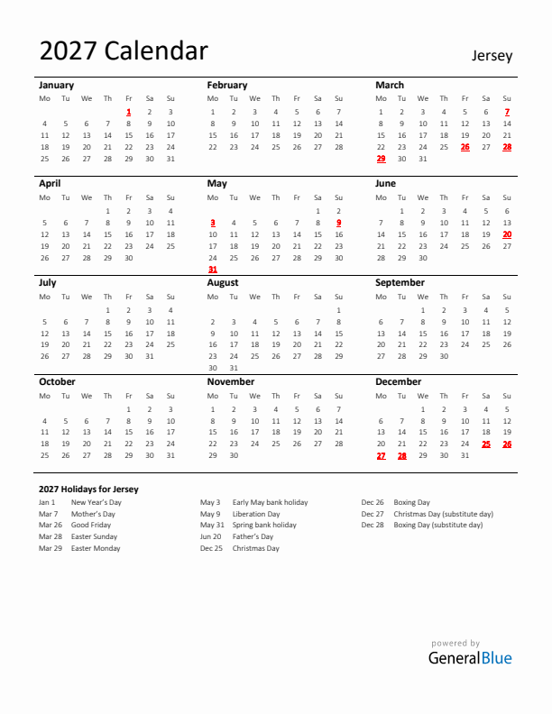 Standard Holiday Calendar for 2027 with Jersey Holidays 