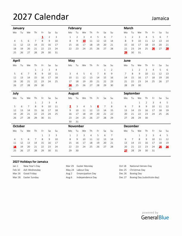 Standard Holiday Calendar for 2027 with Jamaica Holidays 