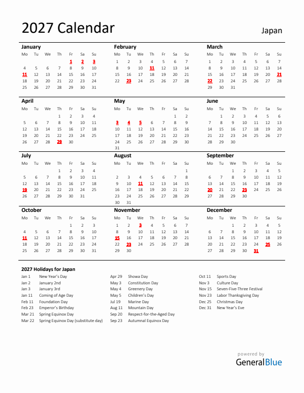 Standard Holiday Calendar for 2027 with Japan Holidays 