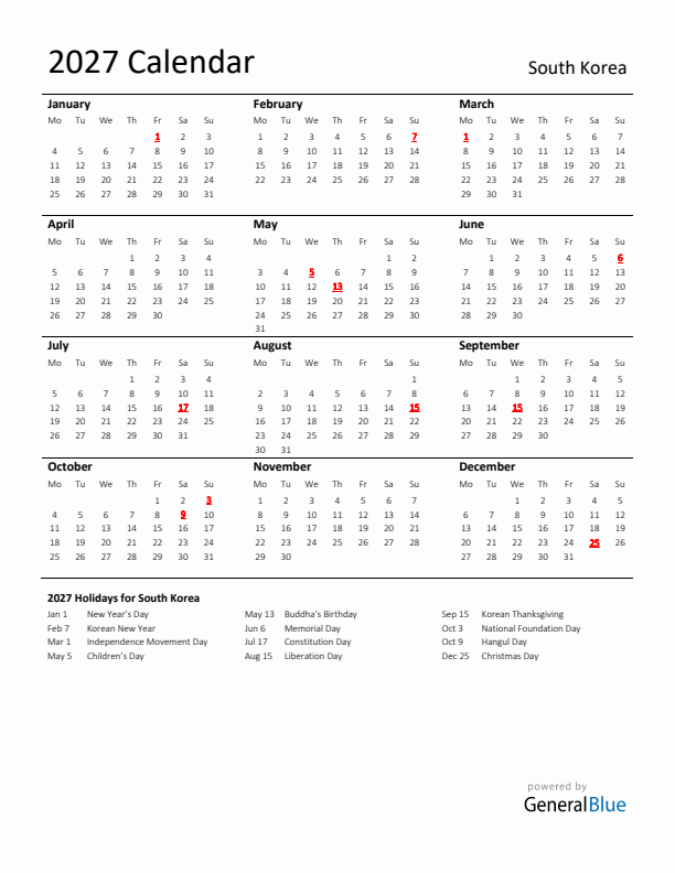 Standard Holiday Calendar for 2027 with South Korea Holidays 