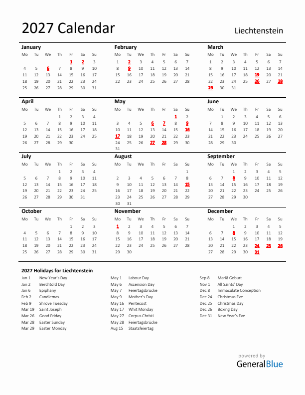 Standard Holiday Calendar for 2027 with Liechtenstein Holidays 