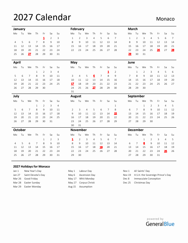 Standard Holiday Calendar for 2027 with Monaco Holidays 
