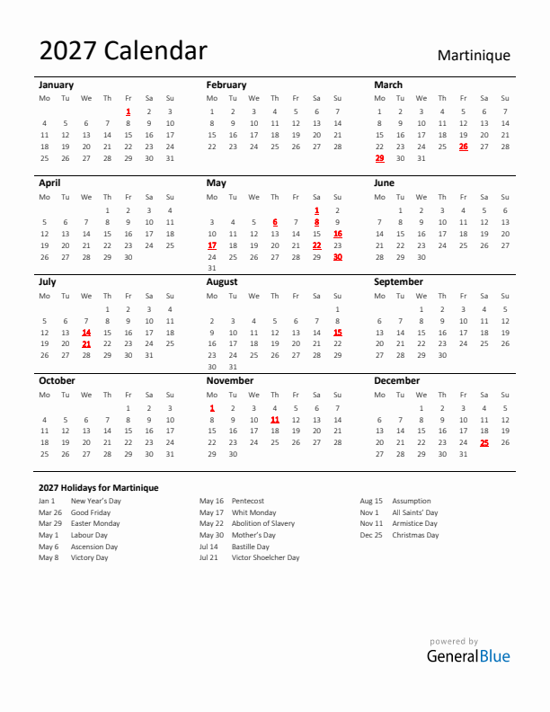 Standard Holiday Calendar for 2027 with Martinique Holidays 
