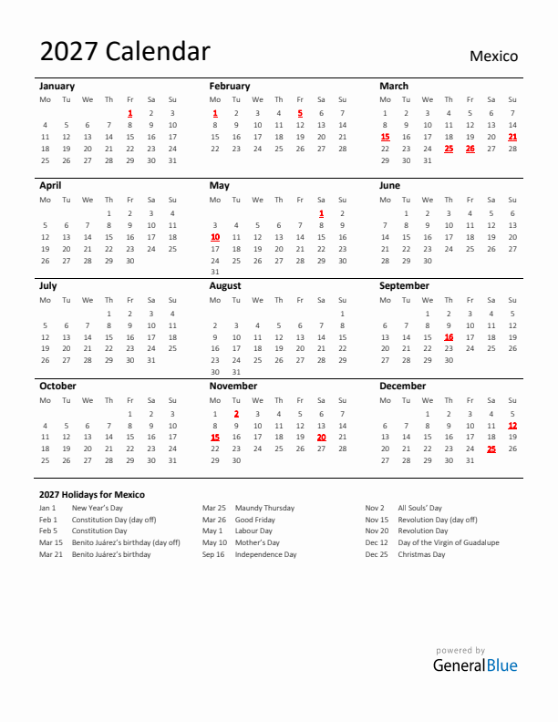 Standard Holiday Calendar for 2027 with Mexico Holidays 