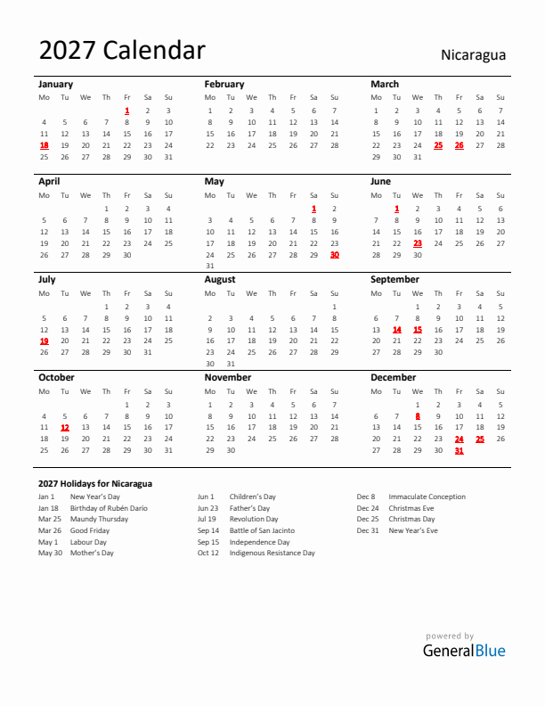 Standard Holiday Calendar for 2027 with Nicaragua Holidays 