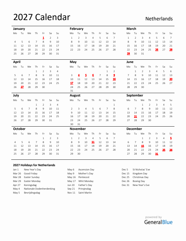 Standard Holiday Calendar for 2027 with The Netherlands Holidays 