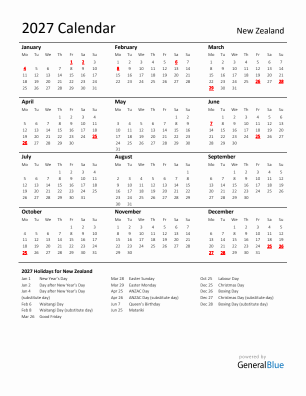Standard Holiday Calendar for 2027 with New Zealand Holidays 