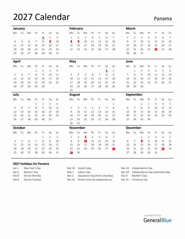 Standard Holiday Calendar for 2027 with Panama Holidays 