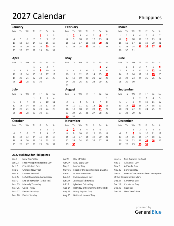 Standard Holiday Calendar for 2027 with Philippines Holidays 