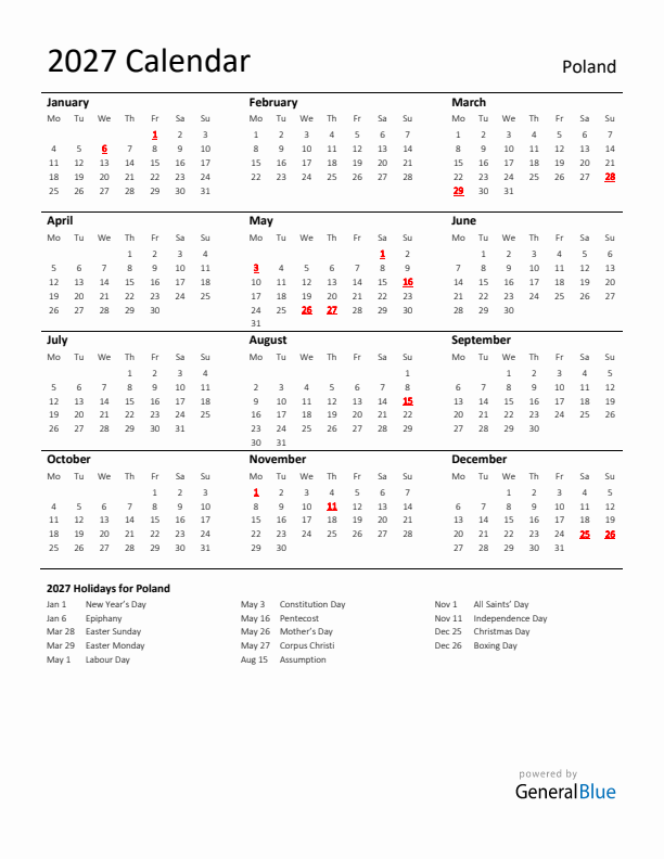 Standard Holiday Calendar for 2027 with Poland Holidays 