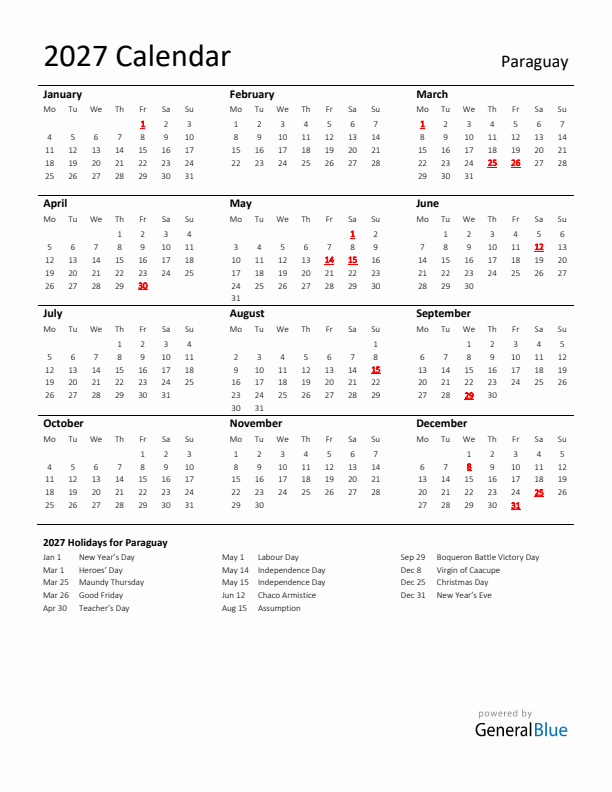 Standard Holiday Calendar for 2027 with Paraguay Holidays 