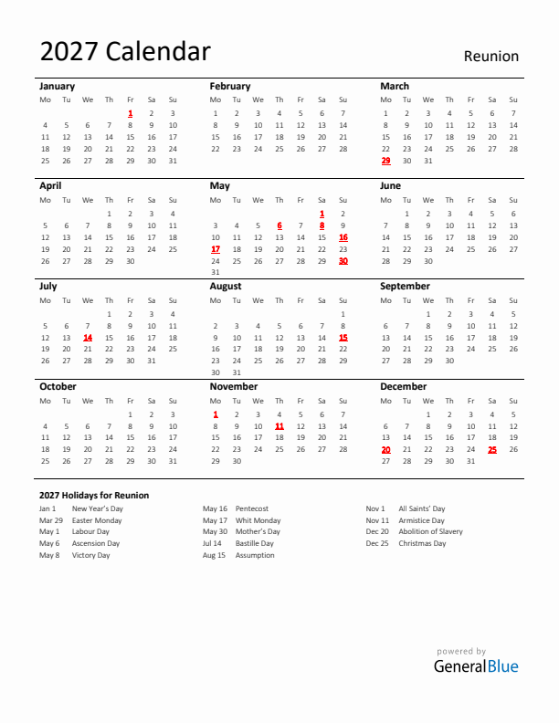 Standard Holiday Calendar for 2027 with Reunion Holidays 