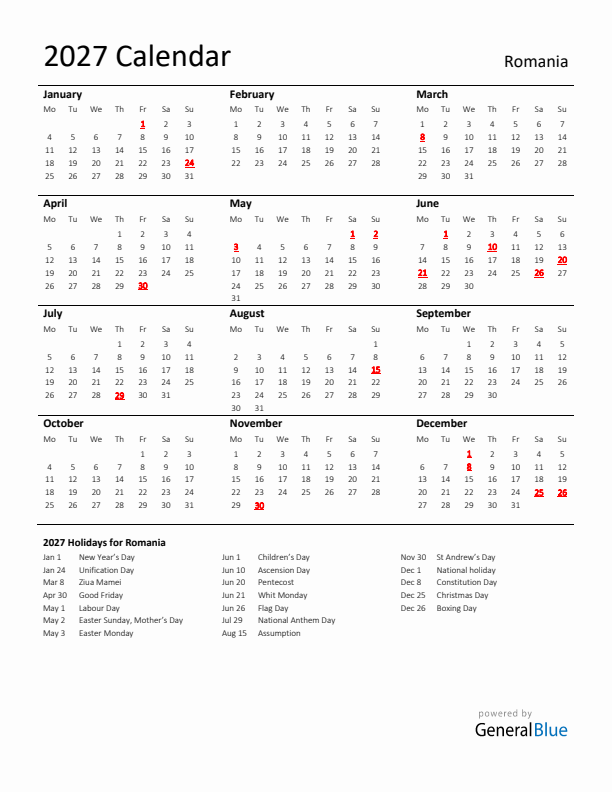 Standard Holiday Calendar for 2027 with Romania Holidays 