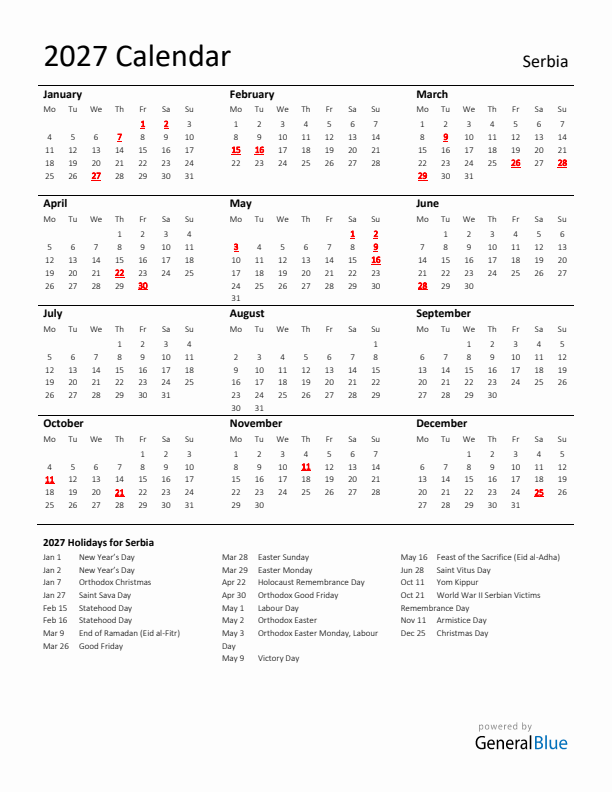 Standard Holiday Calendar for 2027 with Serbia Holidays 