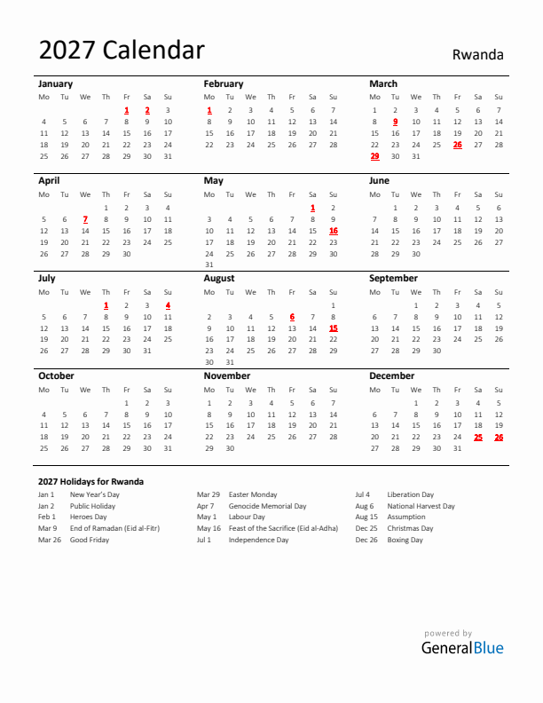 Standard Holiday Calendar for 2027 with Rwanda Holidays 