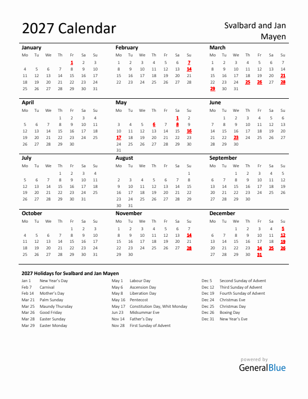 Standard Holiday Calendar for 2027 with Svalbard and Jan Mayen Holidays 