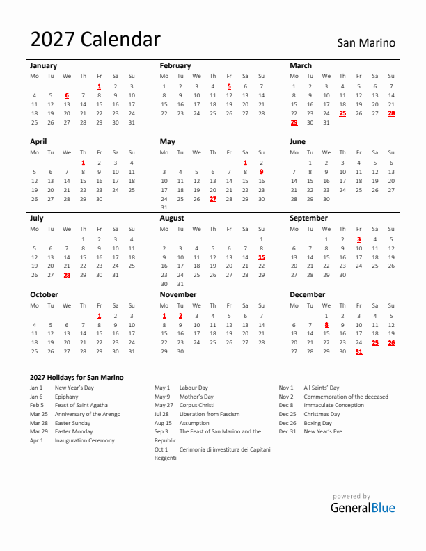 Standard Holiday Calendar for 2027 with San Marino Holidays 