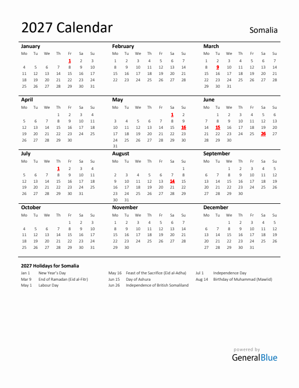 Standard Holiday Calendar for 2027 with Somalia Holidays 