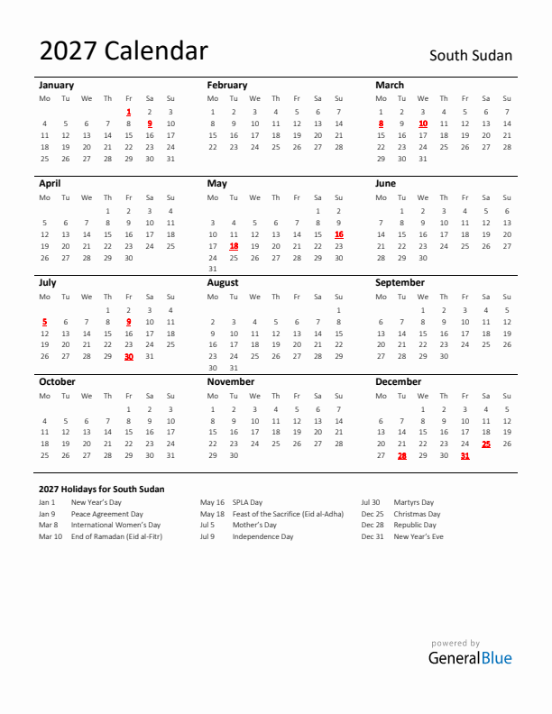 Standard Holiday Calendar for 2027 with South Sudan Holidays 