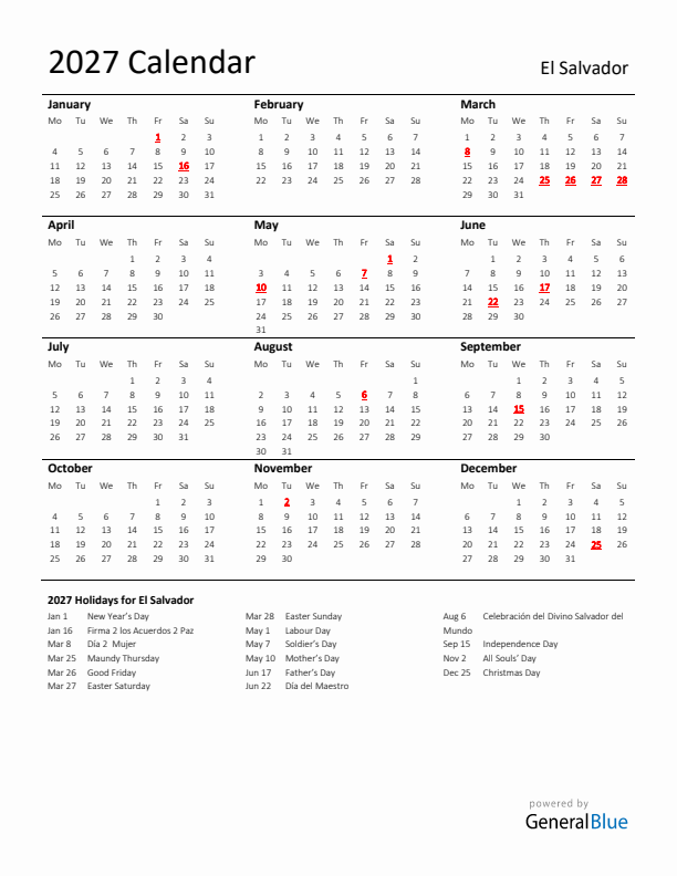 Standard Holiday Calendar for 2027 with El Salvador Holidays 