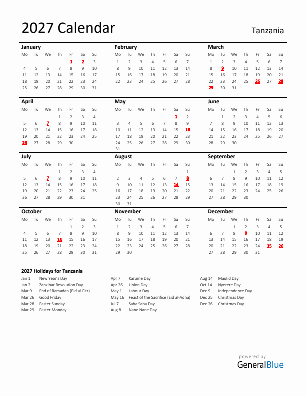 Standard Holiday Calendar for 2027 with Tanzania Holidays 