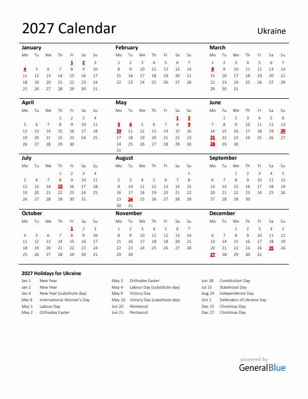 Standard Holiday Calendar for 2027 with Ukraine Holidays 