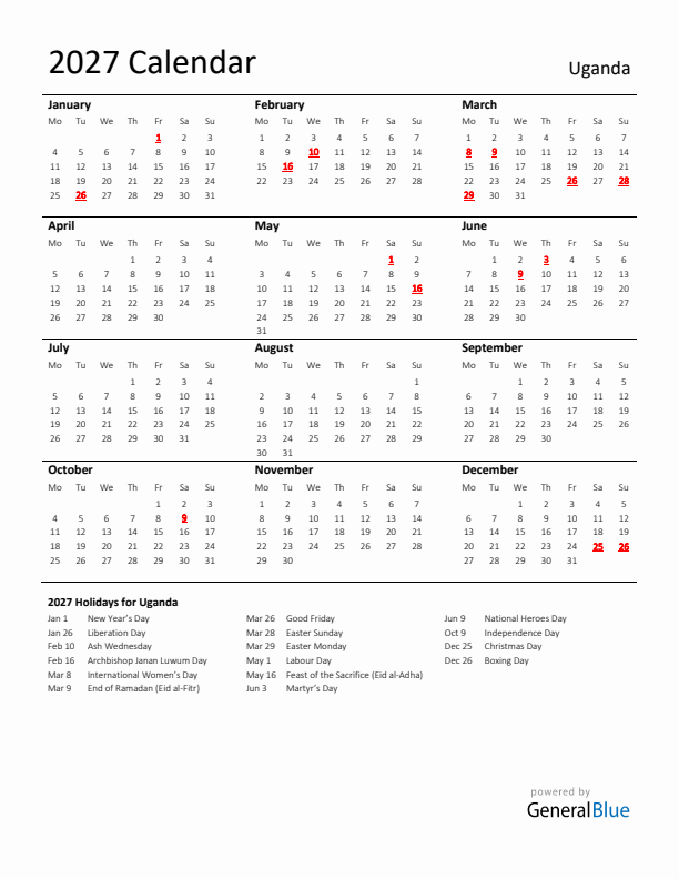 Standard Holiday Calendar for 2027 with Uganda Holidays 
