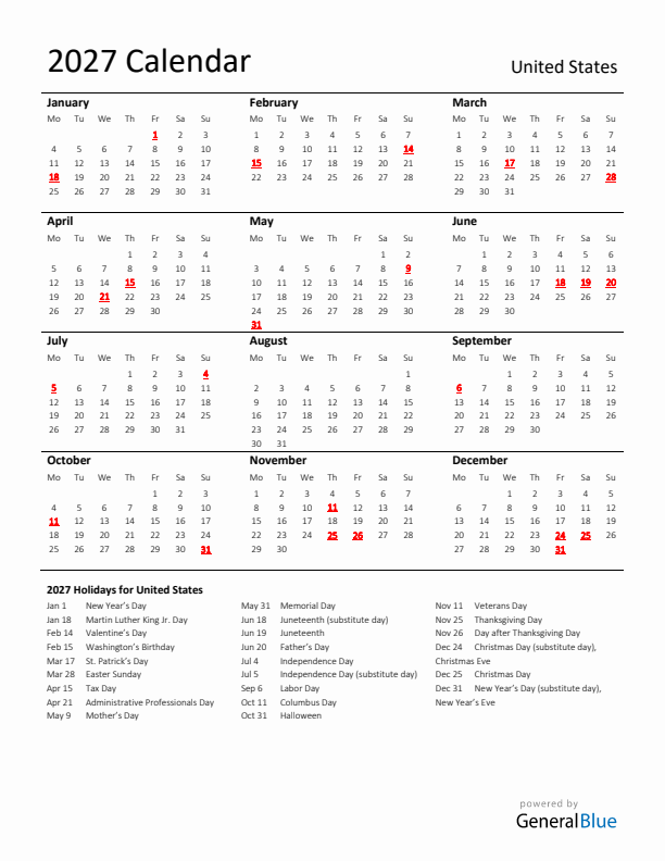 Standard Holiday Calendar for 2027 with United States Holidays 