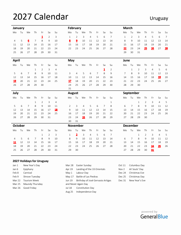 Standard Holiday Calendar for 2027 with Uruguay Holidays 