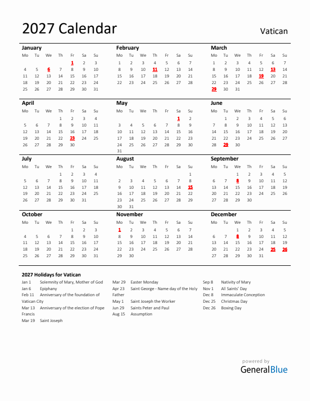 Standard Holiday Calendar for 2027 with Vatican Holidays 