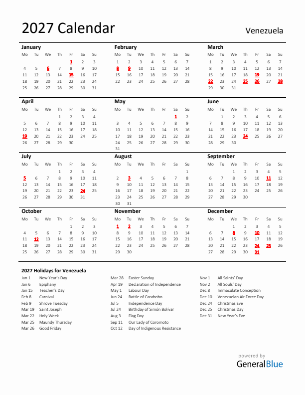 Standard Holiday Calendar for 2027 with Venezuela Holidays 