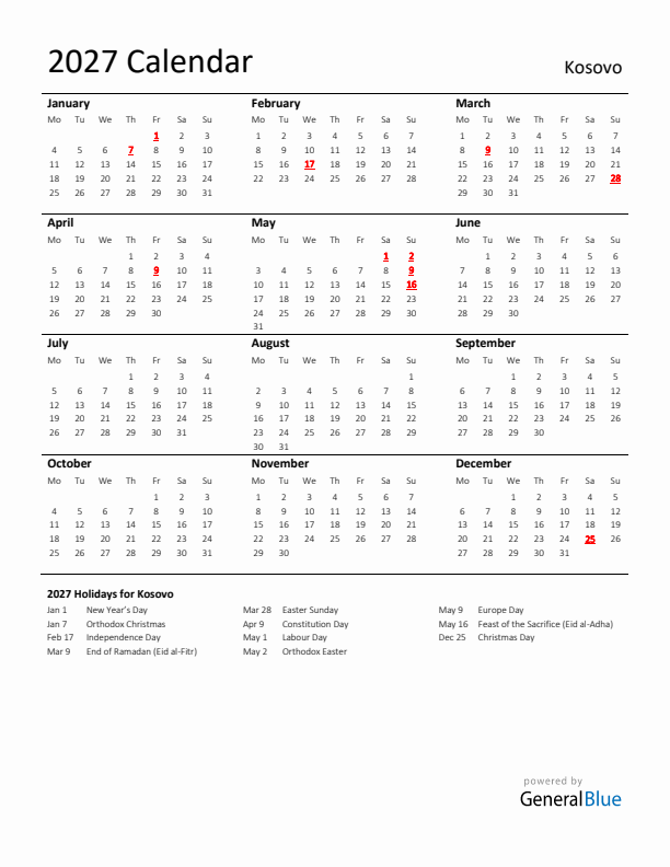 Standard Holiday Calendar for 2027 with Kosovo Holidays 