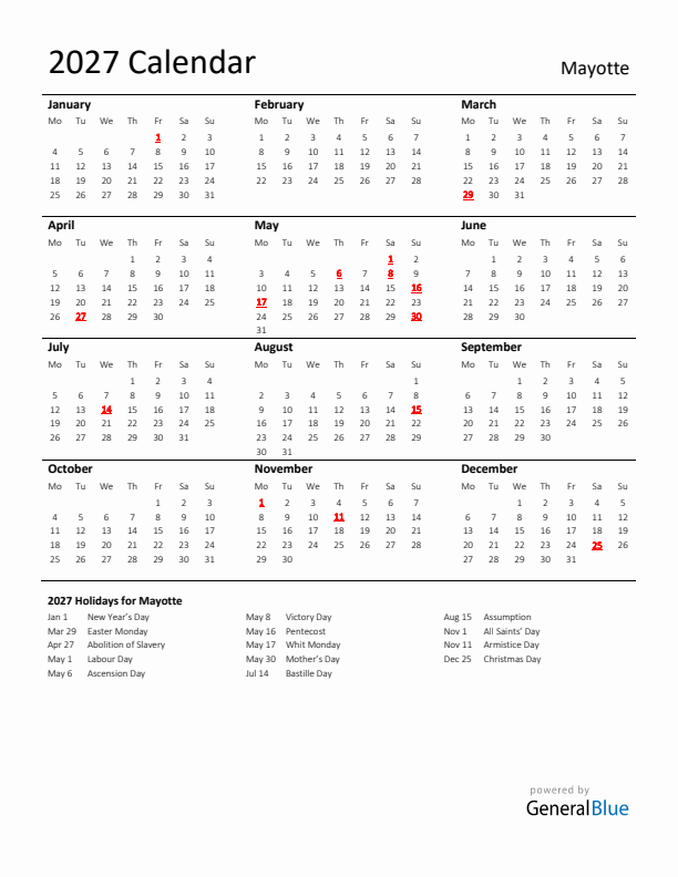 Standard Holiday Calendar for 2027 with Mayotte Holidays 