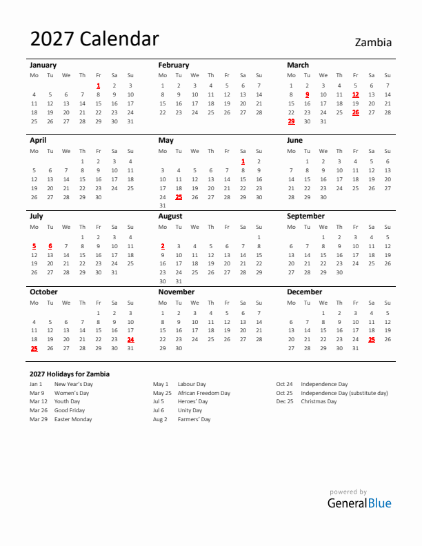Standard Holiday Calendar for 2027 with Zambia Holidays 