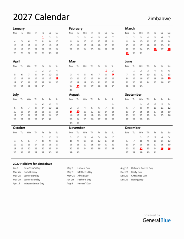 Standard Holiday Calendar for 2027 with Zimbabwe Holidays 