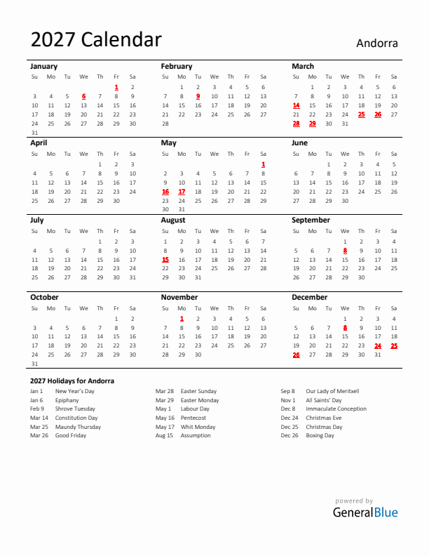 Standard Holiday Calendar for 2027 with Andorra Holidays 