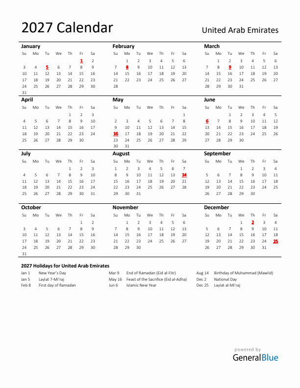 Standard Holiday Calendar for 2027 with United Arab Emirates Holidays 
