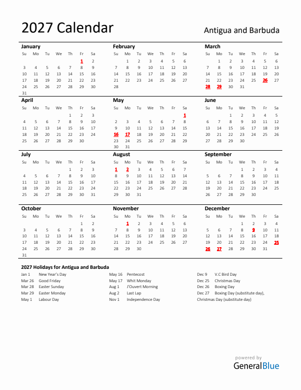 Standard Holiday Calendar for 2027 with Antigua and Barbuda Holidays 